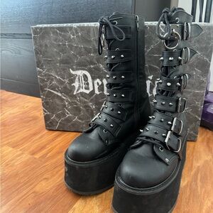Demonia Black Studded Buckle Platform Boots